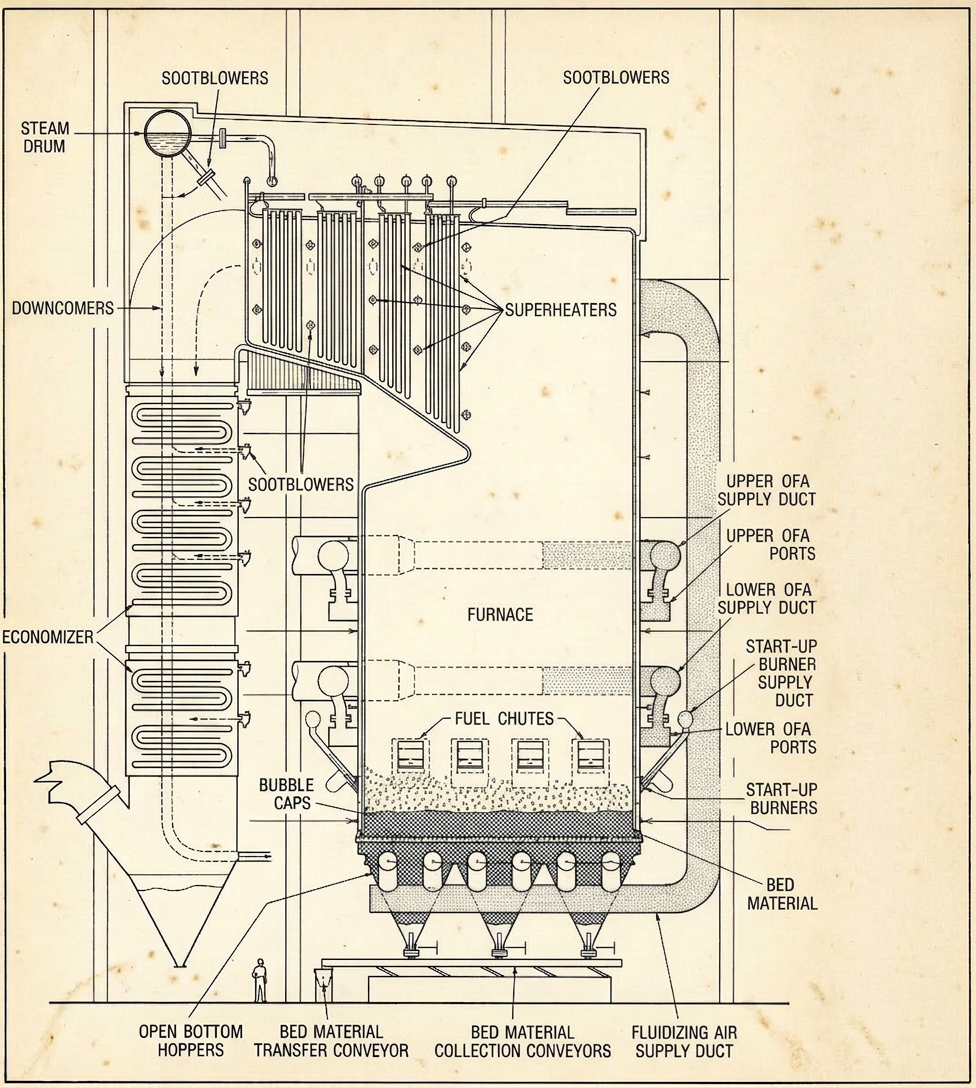 Vintage engineering textbook scan: longitudinal section of a single-drum bubbling fluidized bed biomass boiler with superheaters