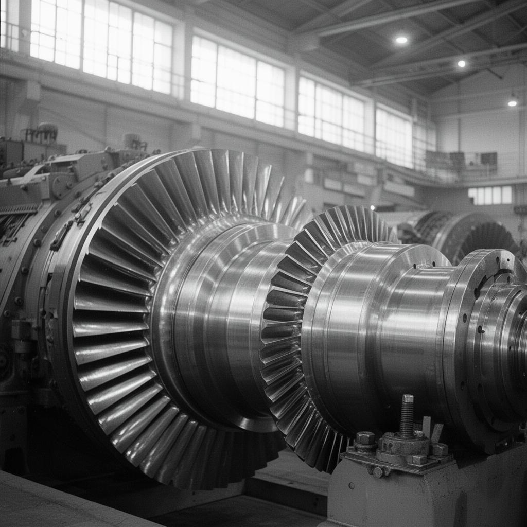 Black and white photograph of a low-pressure steam turbine rotor in an engine hall