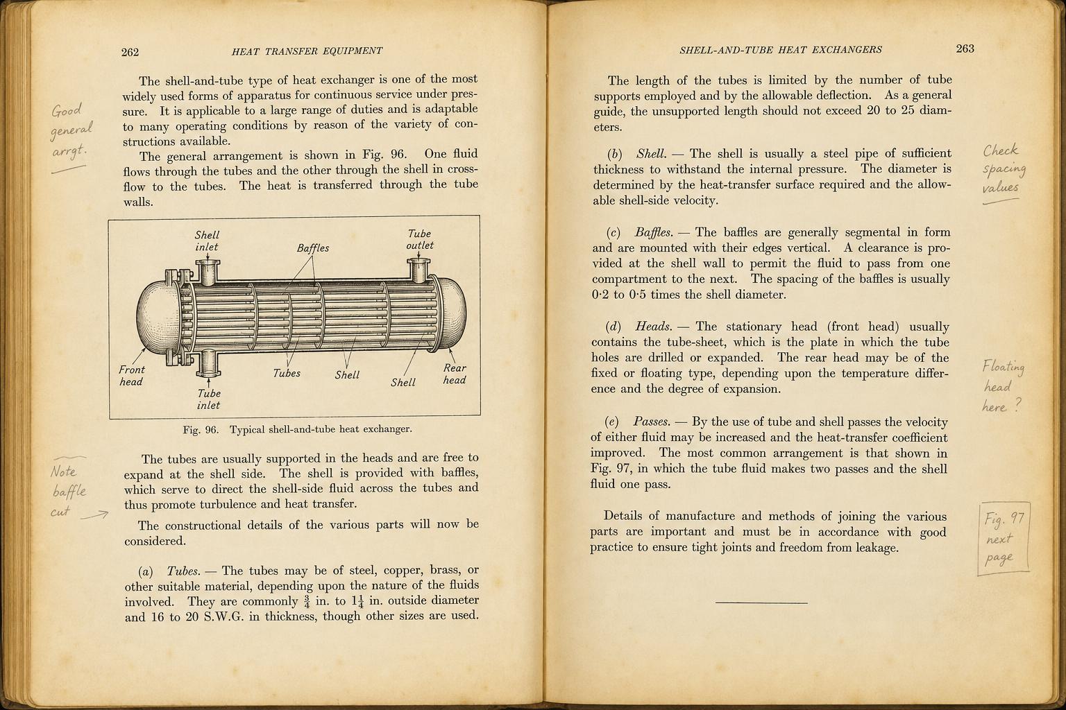Scan of an aged engineering textbook page describing shell-and-tube heat exchangers with a labeled diagram